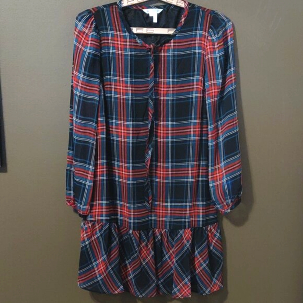 Draper James Tie Neck Flounce Shift Dress Holiday Plaid SIZE XS